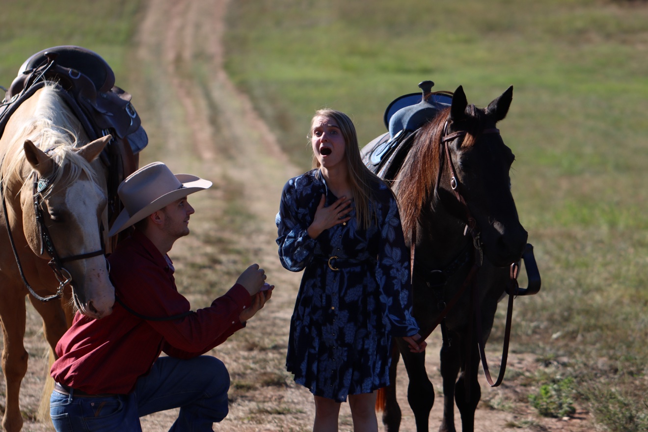 Luke on one knee in the pasture holding out a ring box while Kristi reacts in surprise, horses on either side
